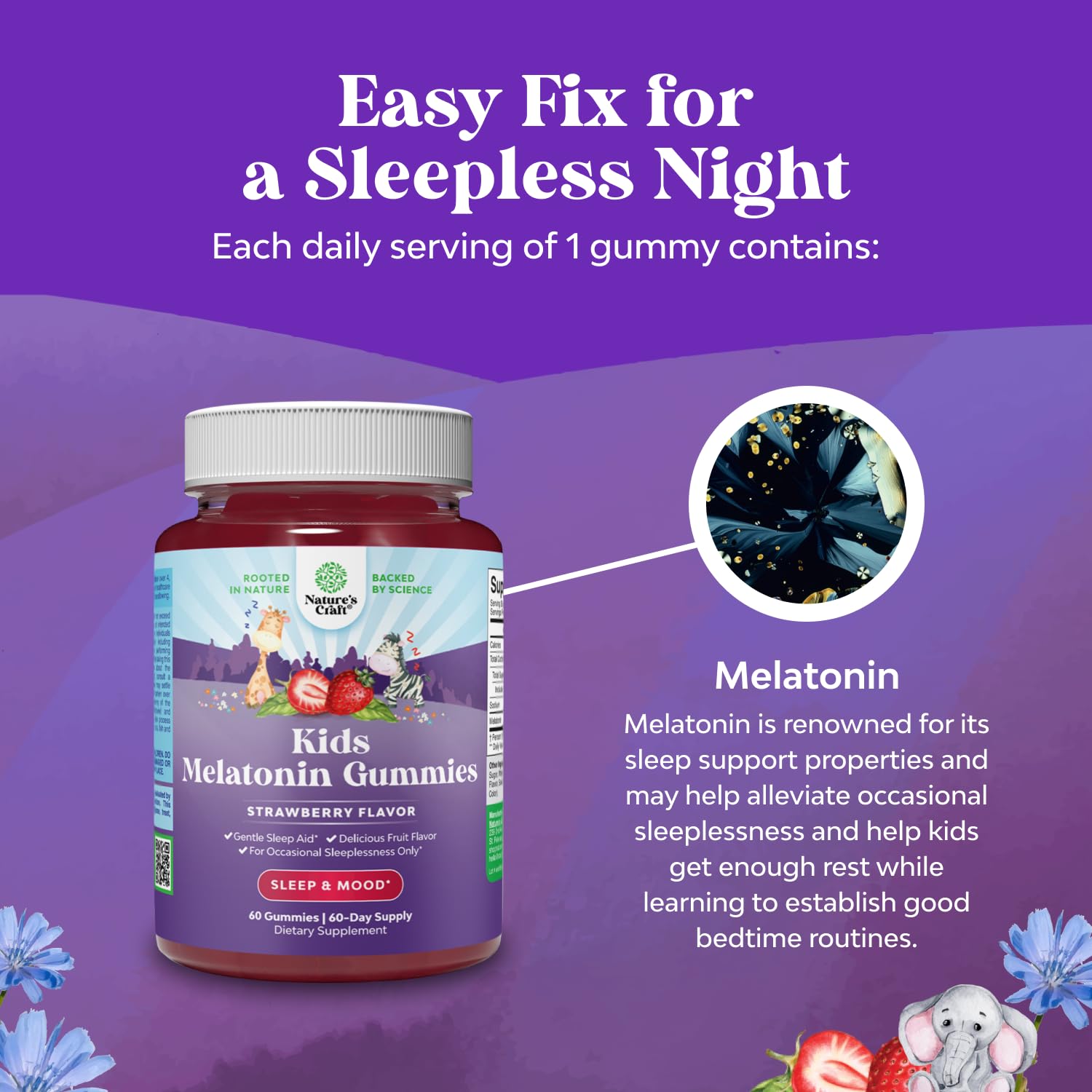 Open bottle of Natures Craft kids melatonin gummies