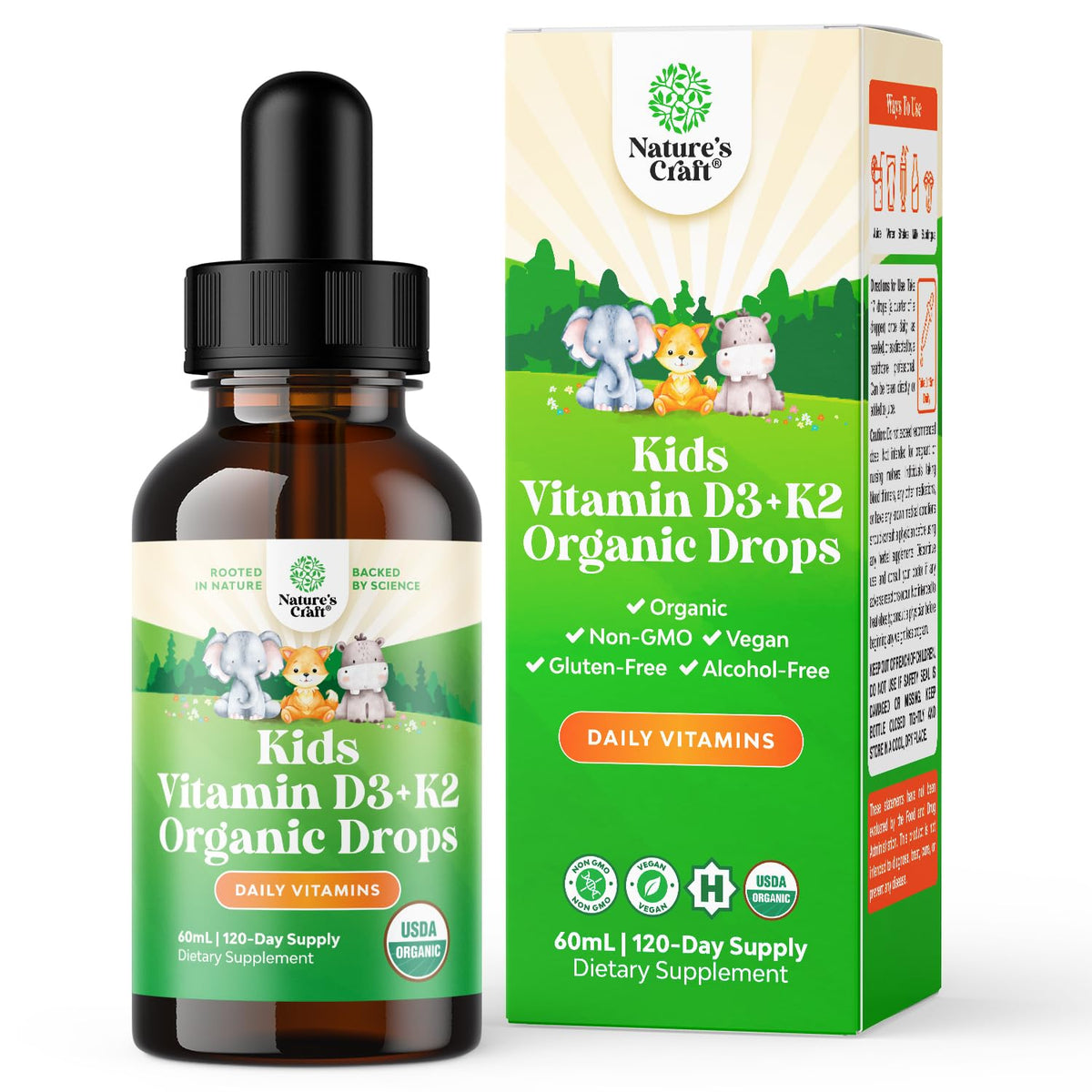 Front view of Natures Craft Kids Vitamin D3 K2 Drops 60 ml bottle