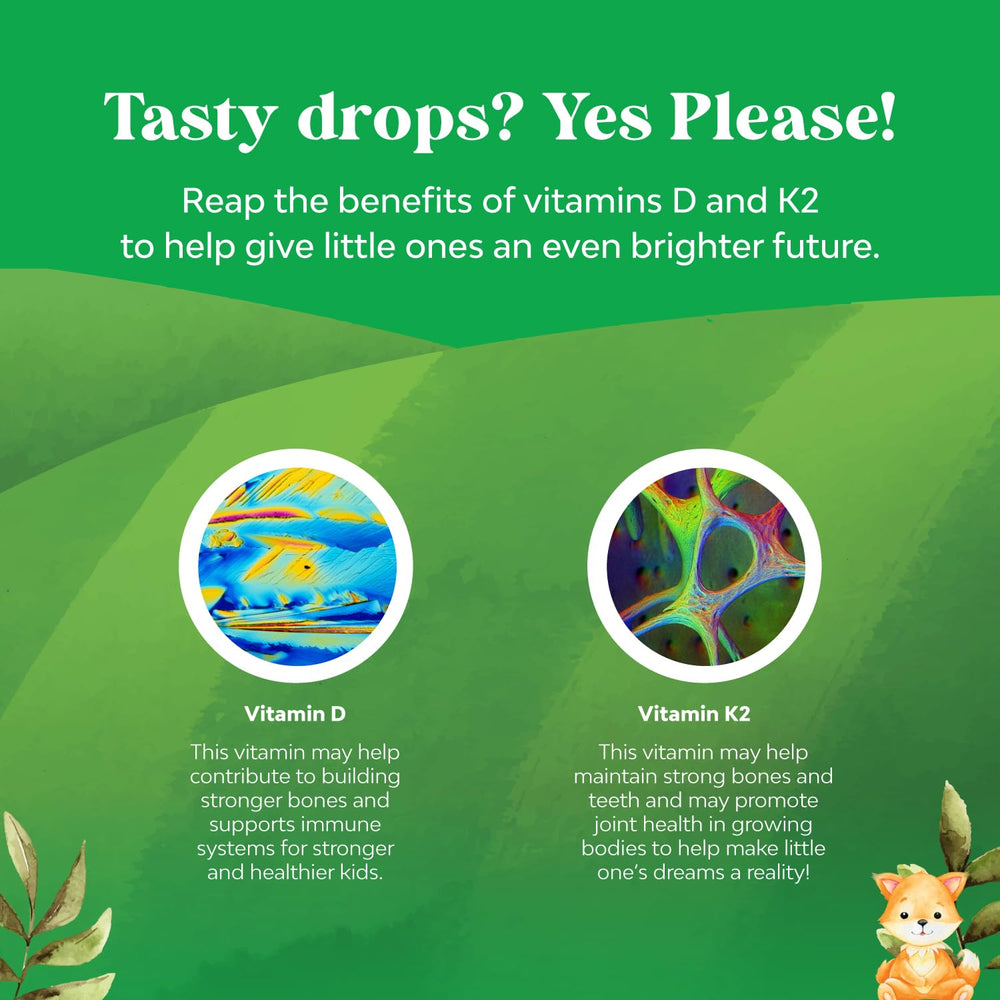 60 ml bottle of organic D3 K2 drops for children with dropper