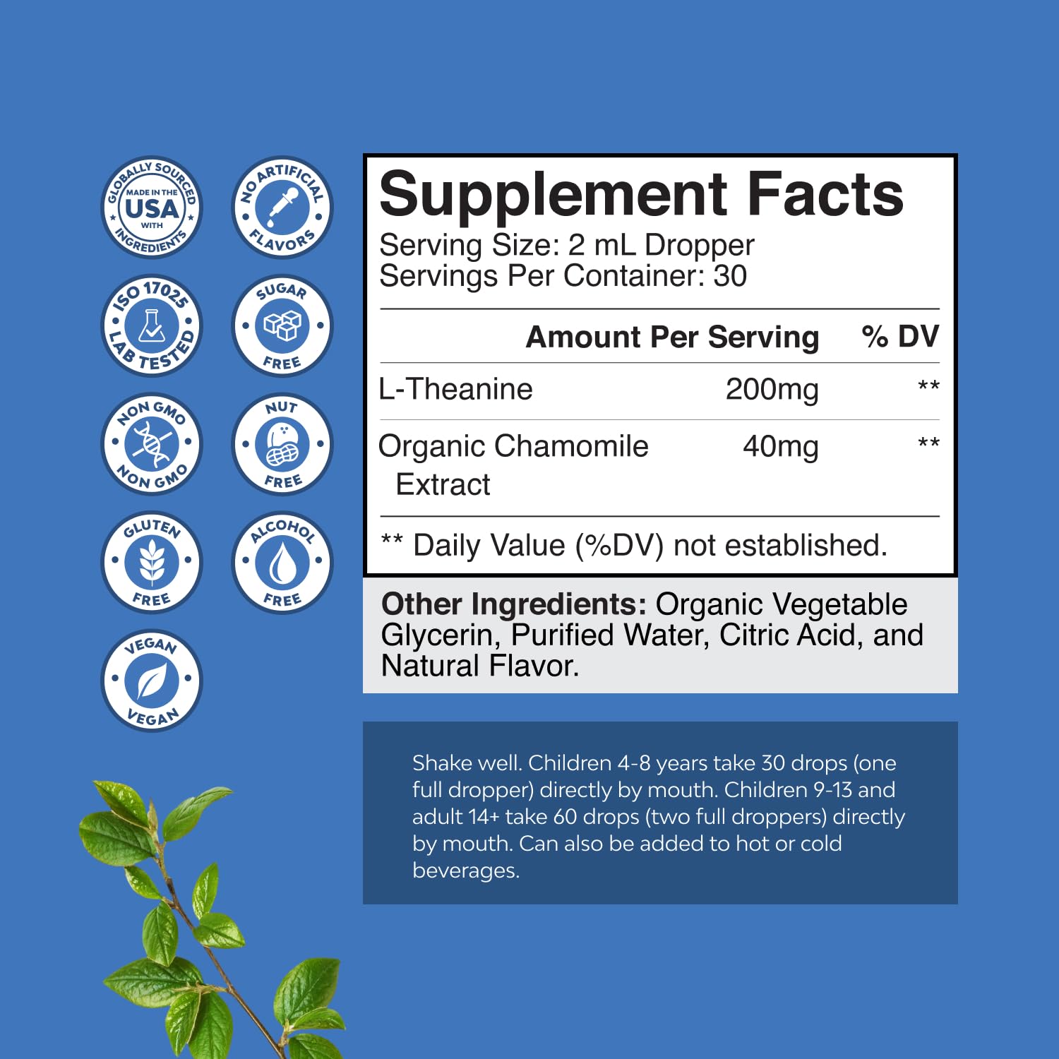 Close-up label showing 200mg L-Theanine per serving