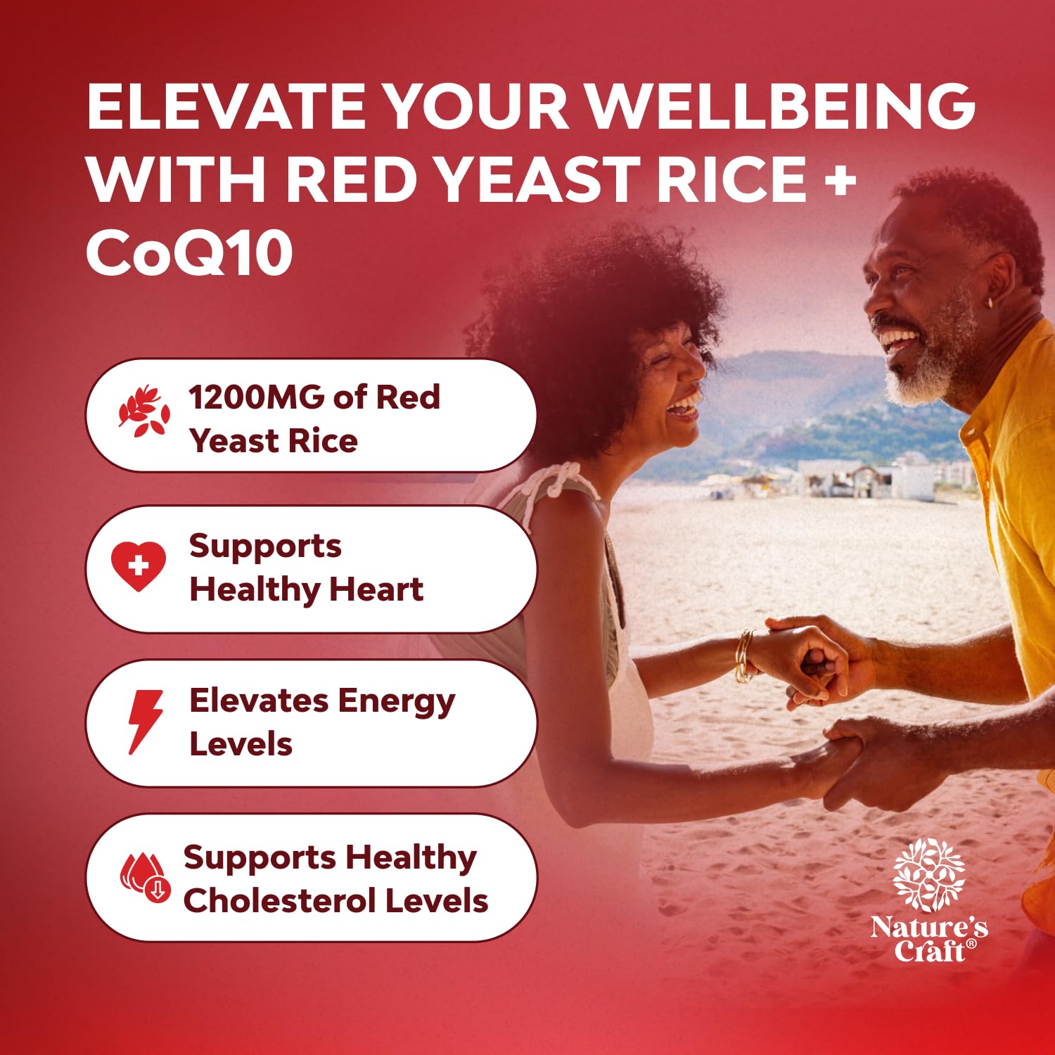Label on Nature's Craft bottle highlights 1200 mg red yeast rice and 100 mg CoQ10