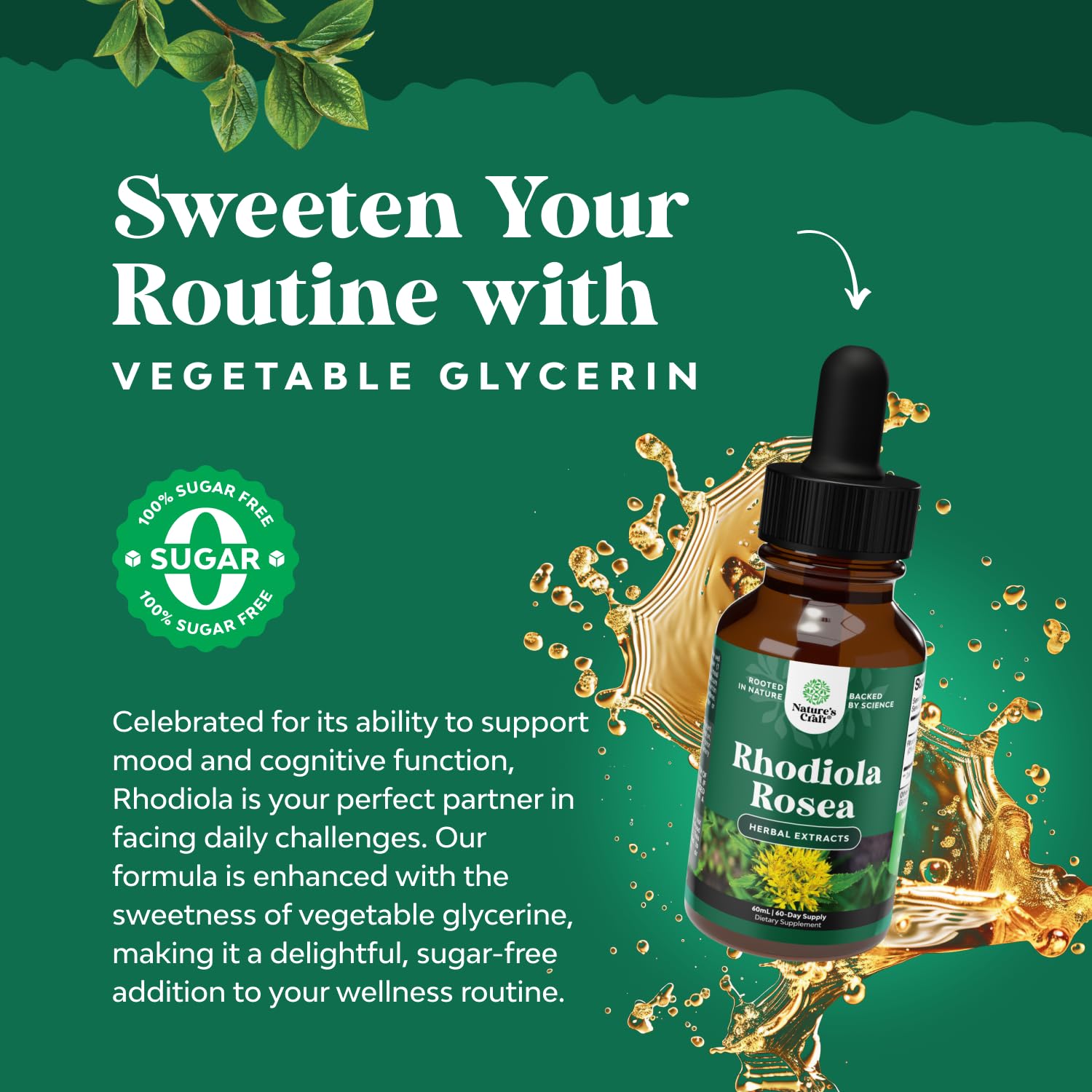 Natures Craft Rhodiola bottle with amber glass communicates a clean alcohol-free formula