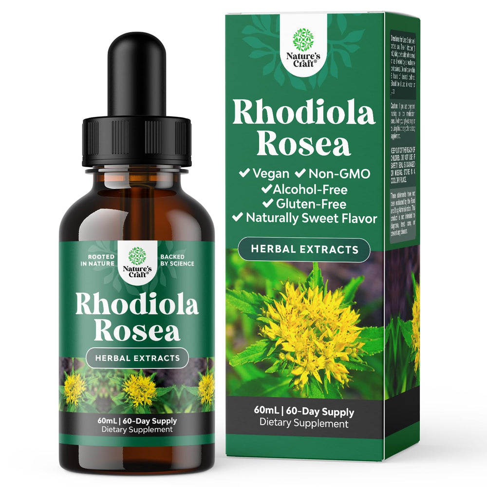 Natures Craft Rhodiola tincture bottle highlights premium herbal extract for daily stress support