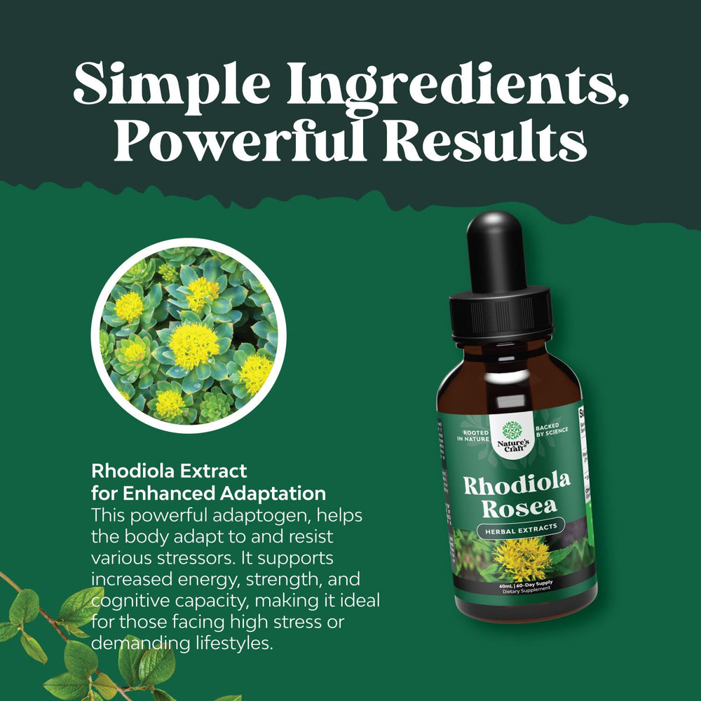 Natures Craft Rhodiola ingredients box showcases vegan non-GMO tincture components