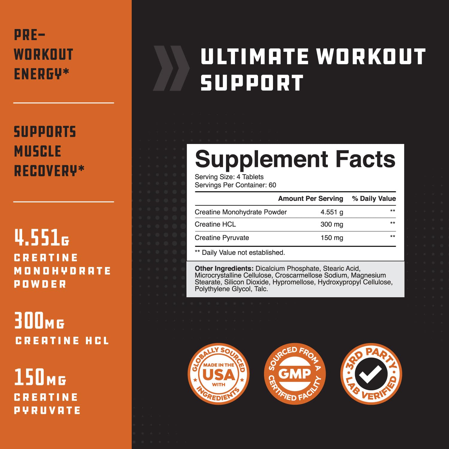 Close-up of creatine tablets showing tri-phase formula