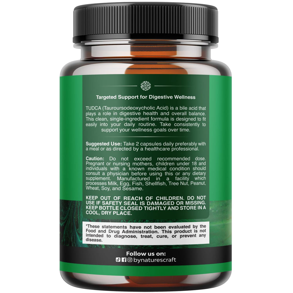 Natures Craft Tudca bottle label highlights high-purity TUDCA for bile salt balance.