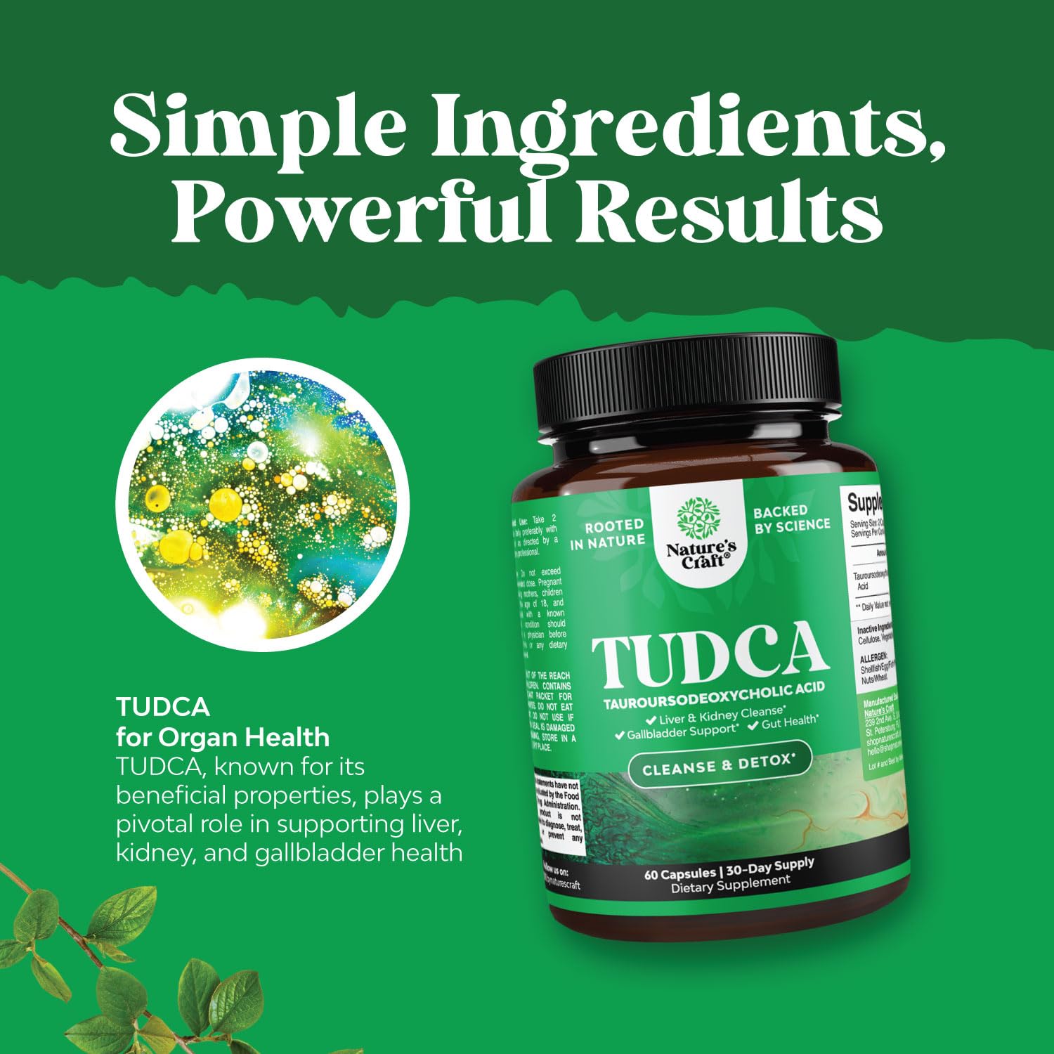 Natures Craft Tudca capsules closeup showcasing 500mg per serving softgel capsules.