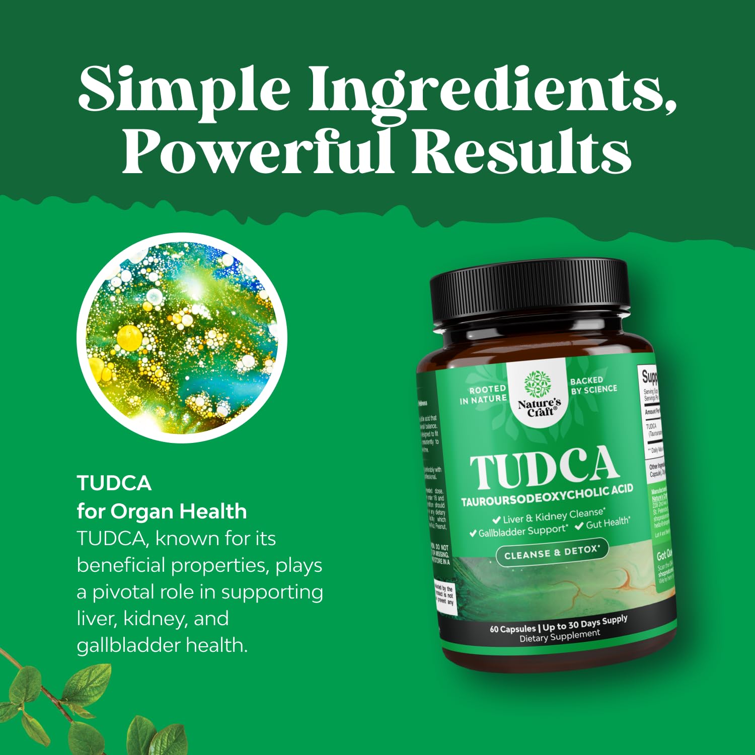 Natures Craft Tudca kidney and gallbladder icon emphasizes organ support with bile salt balance.