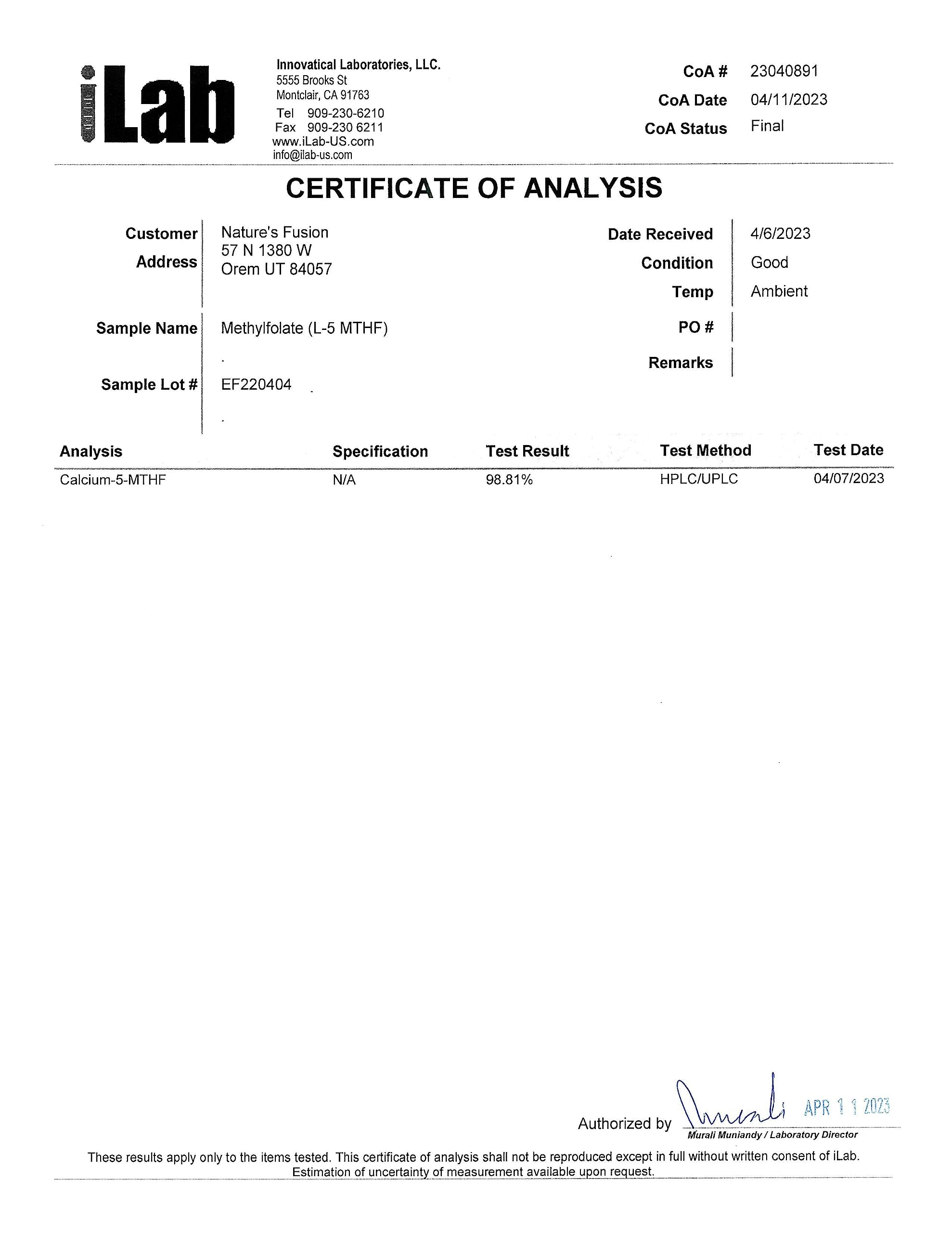 Nature's Fusions Nutri 5-MTHF packaging and bottle