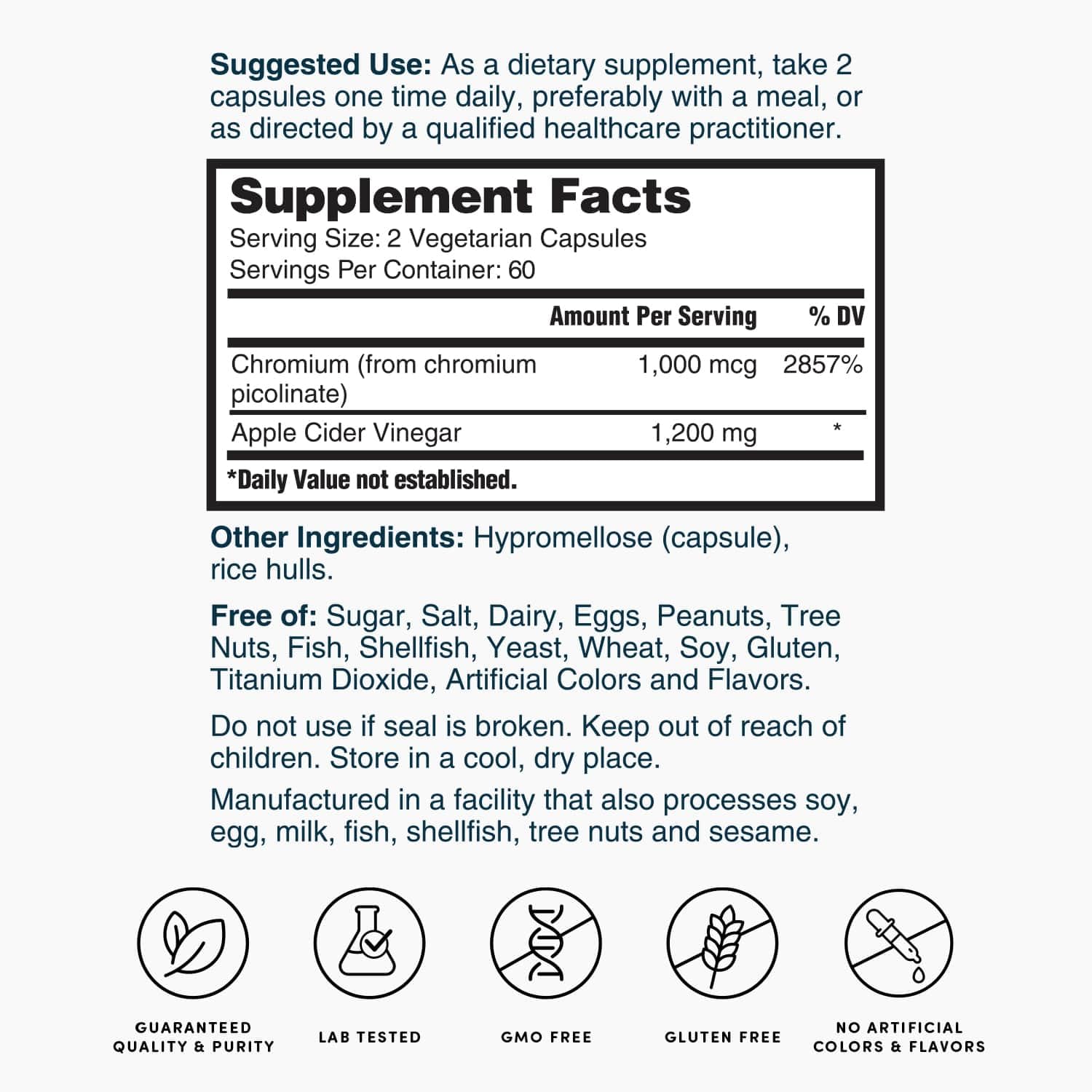 Nutrition facts panel of Nature's Lab ACV capsules