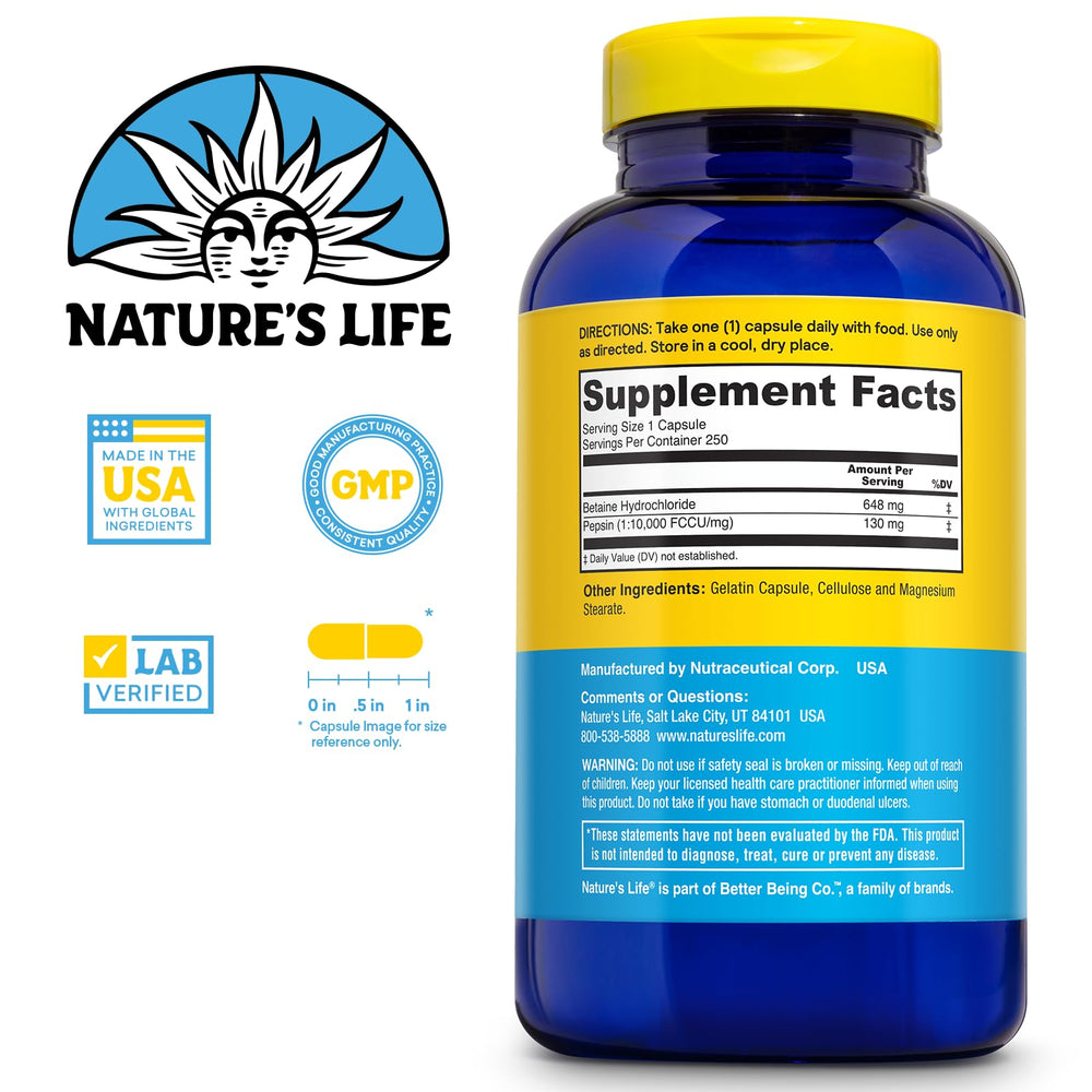 Close-up of Betaine HCl and Pepsin per capsule (648mg/130mg)