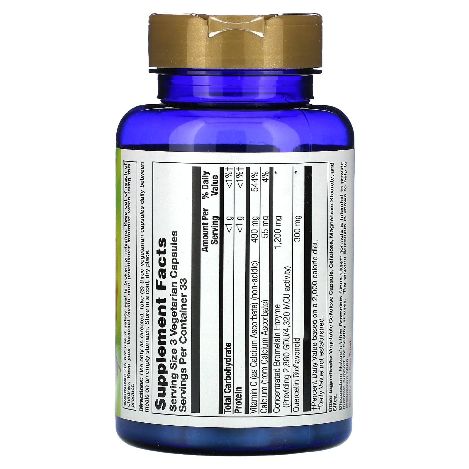 Nature's Life Bromelain Sinus Ease 1200mg bottle label showing ingredients