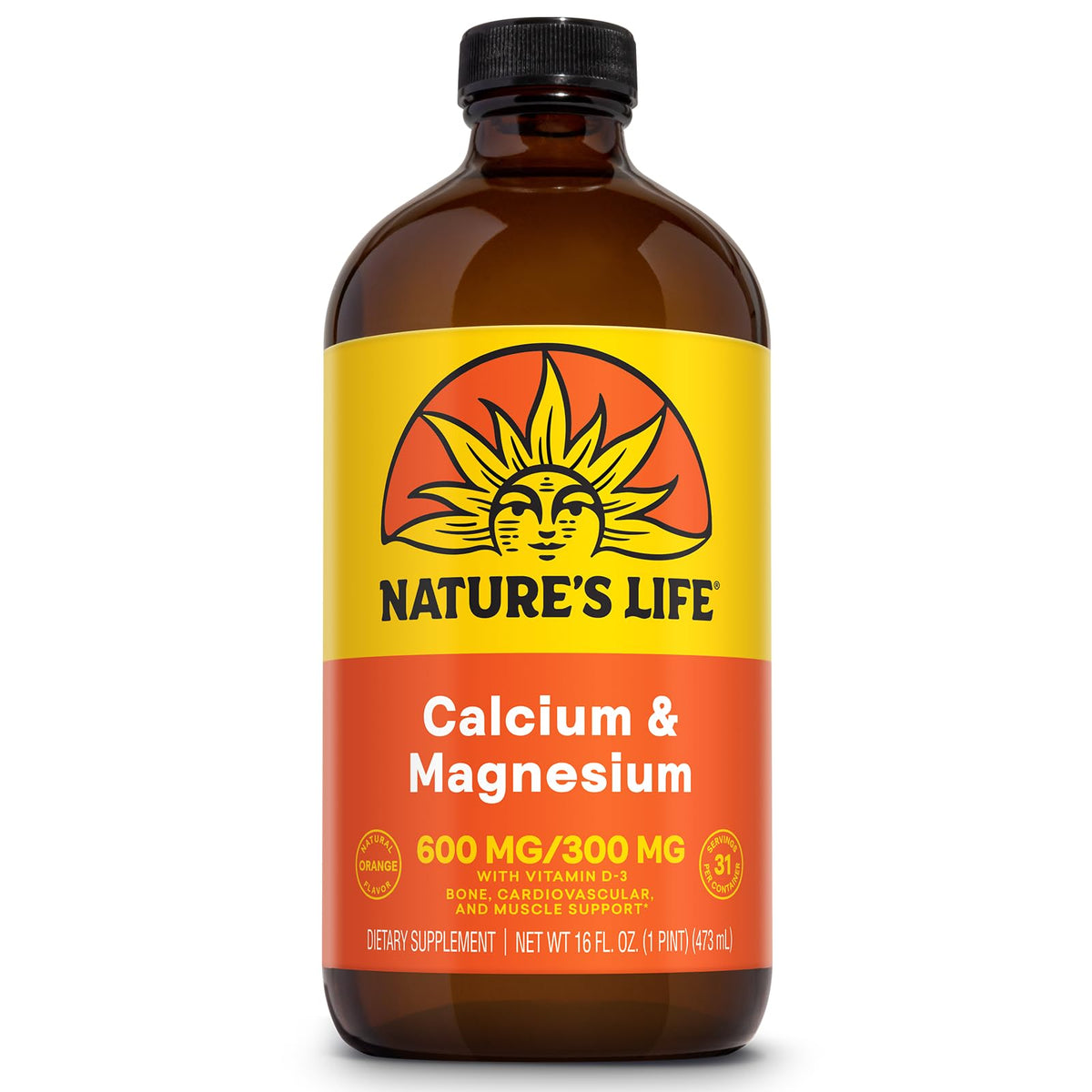 Bottle of Nature's Life Liquid Calcium Magnesium with Vitamin D3 in orange flavor