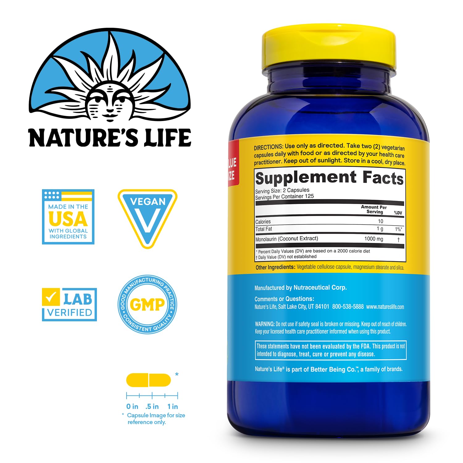 Close-up of Nature's Life Monolaurin 1000 mg capsules for immune support