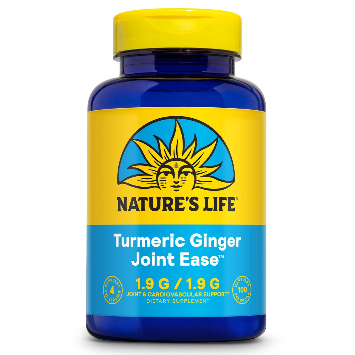 Bottle of Nature's Life Turmeric Ginger Joint Ease 100 Gelatin Capsules
