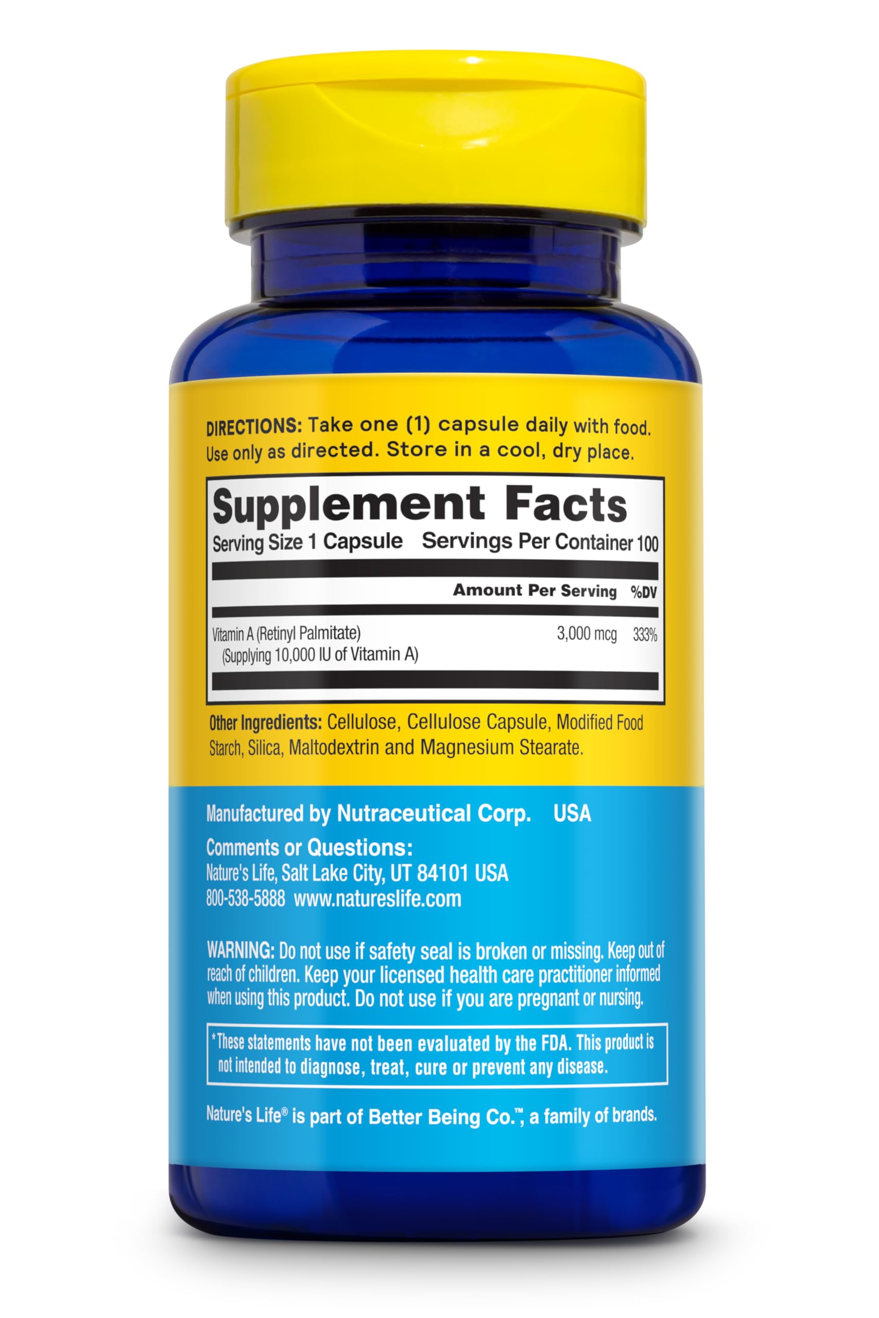 Nature's Life Vitamin A 10,000 IU bottle - back label