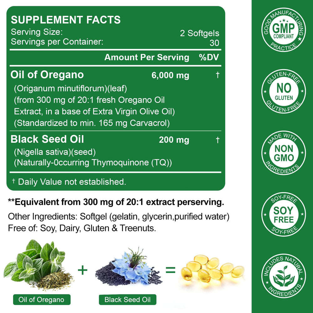 Packaging image of the 2-in-1 oregano oil and black seed oil softgels