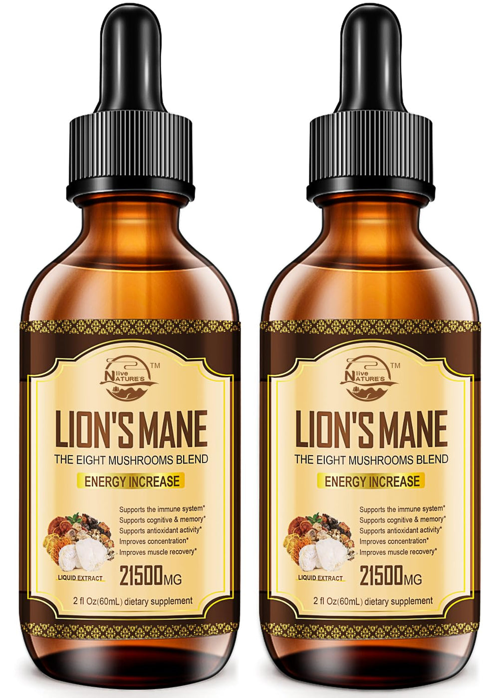 Bottle of Nature's Live Lions Mane liquid mushroom drops with eight-mushroom blend