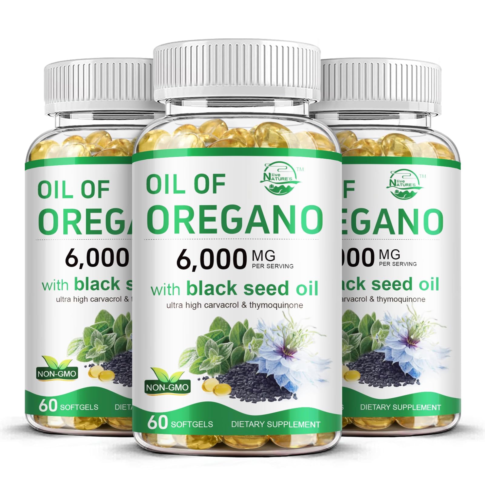 Hero image showing Nature's Live Oil of Oregano and Black Seed Softgels in a 3-pack