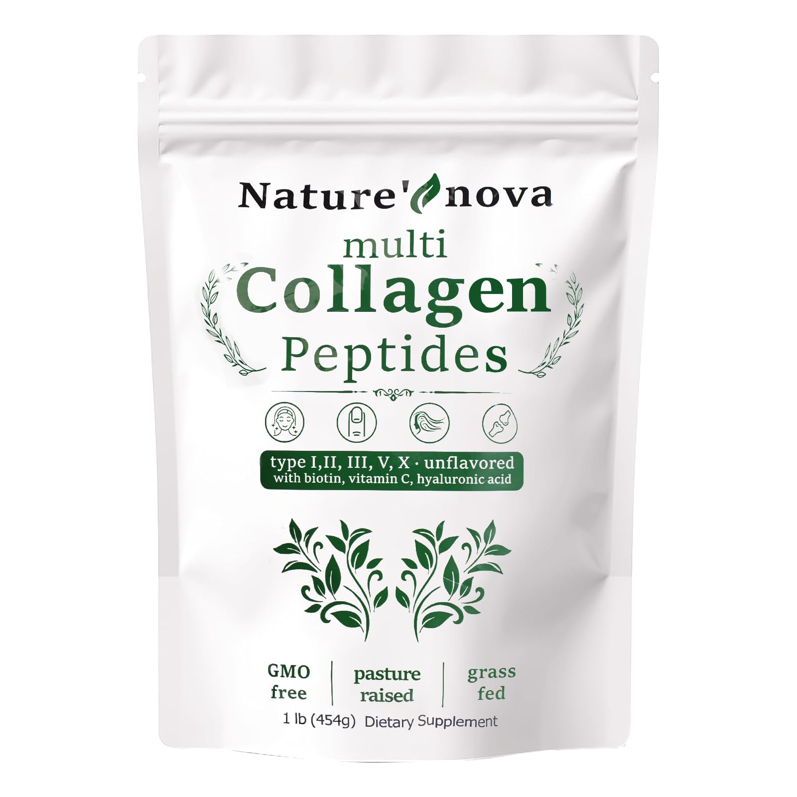 Nature's Nova bottle with scoop of multi collagen peptides powder