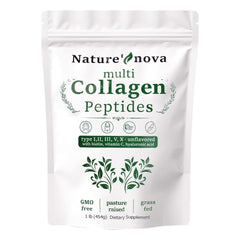 Nature's Nova bottle with scoop of multi collagen peptides powder