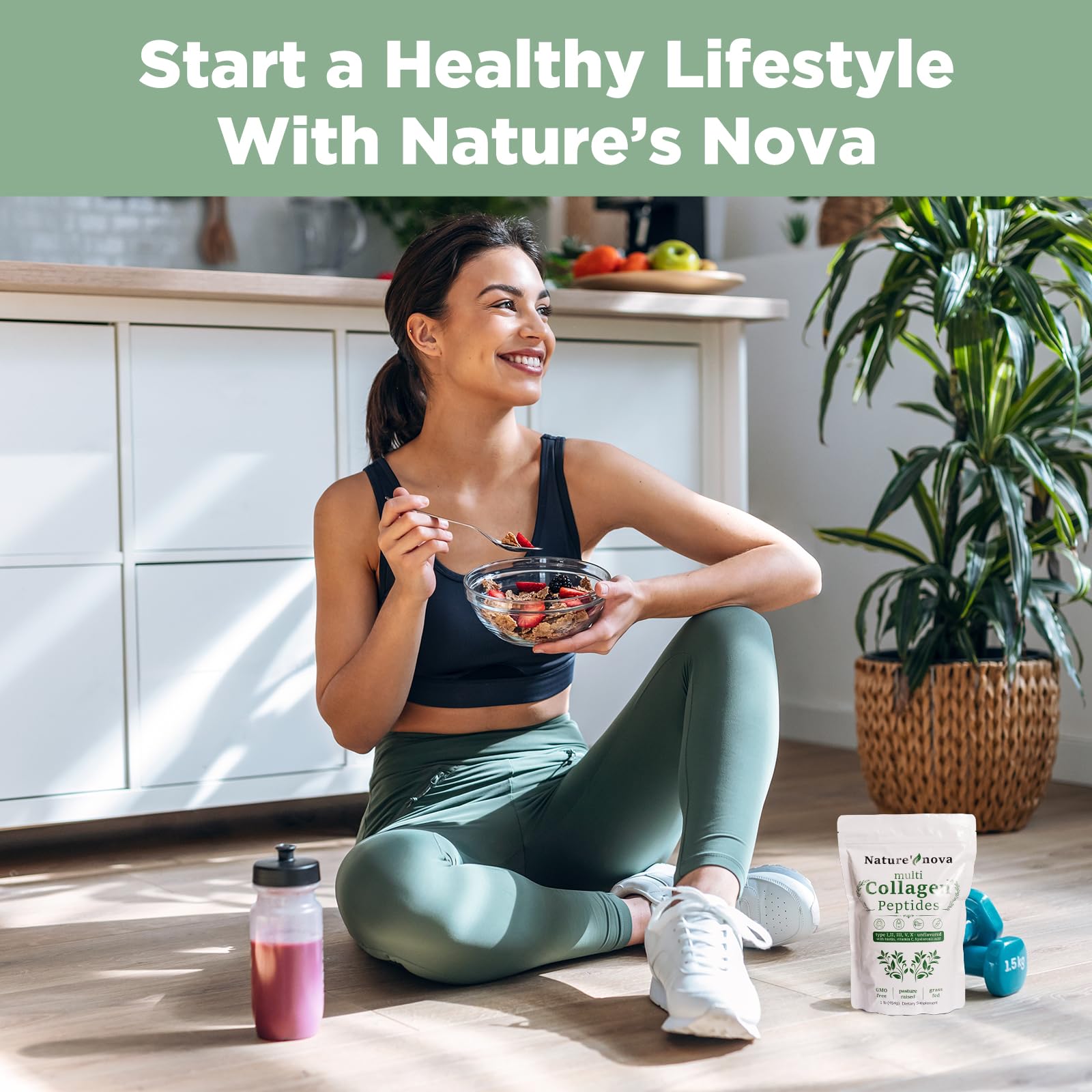 Two scoops of collagen powder in a measuring scoop