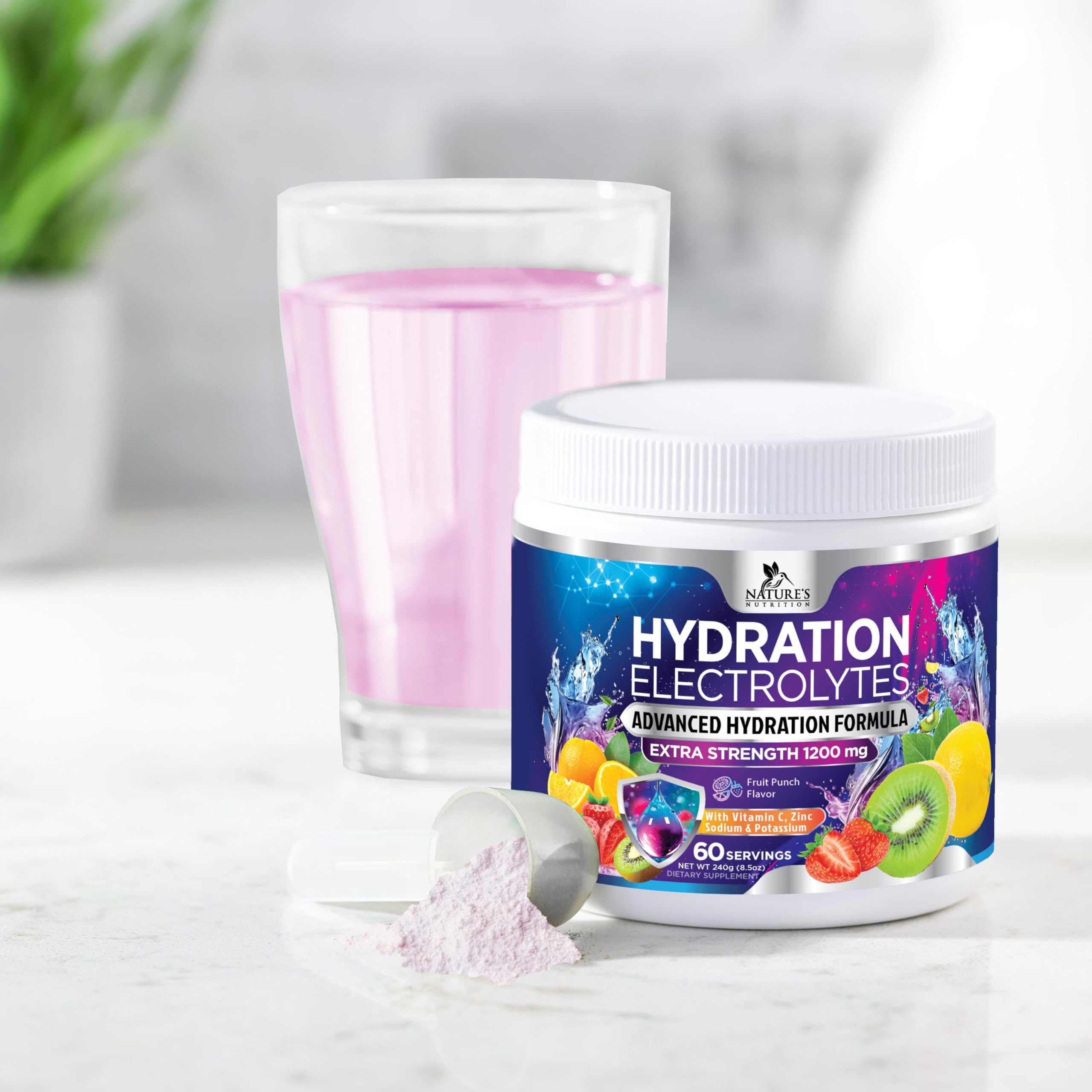 Nature's Nutrition tub with scoop highlights convenient hydration option