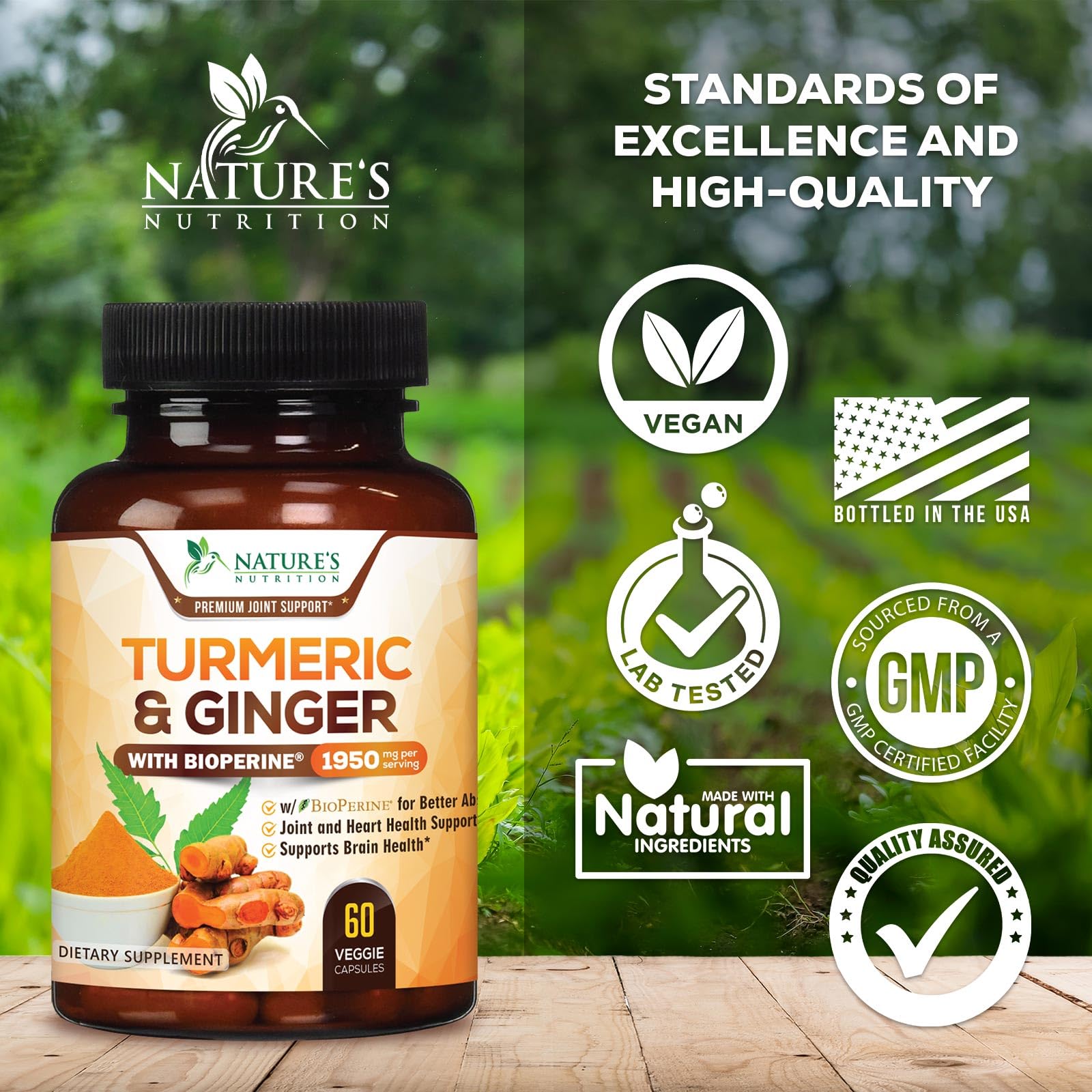 Nature's Nutrition vegan non-GMO capsules visible in bottle arrangement
