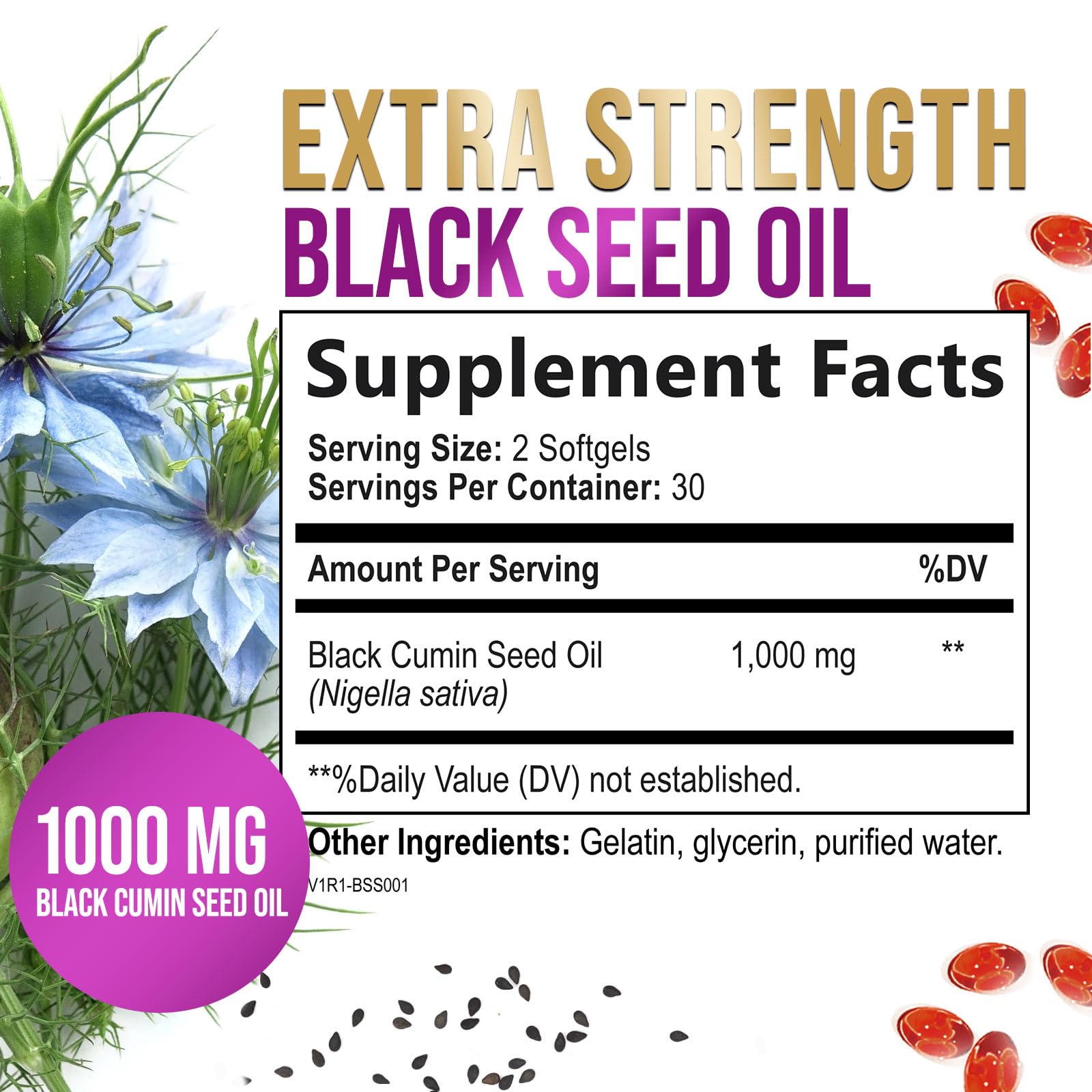 Nature's Peak Black Seed Oil 1000mg softgels bottle back with label