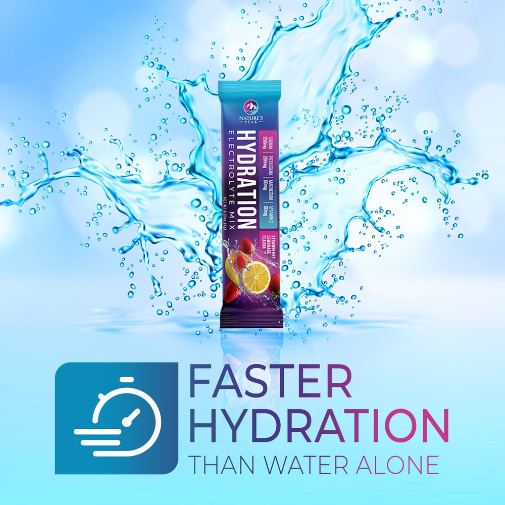 Nature's Peak electrolyte packets being added to water to mix a refreshing drink.