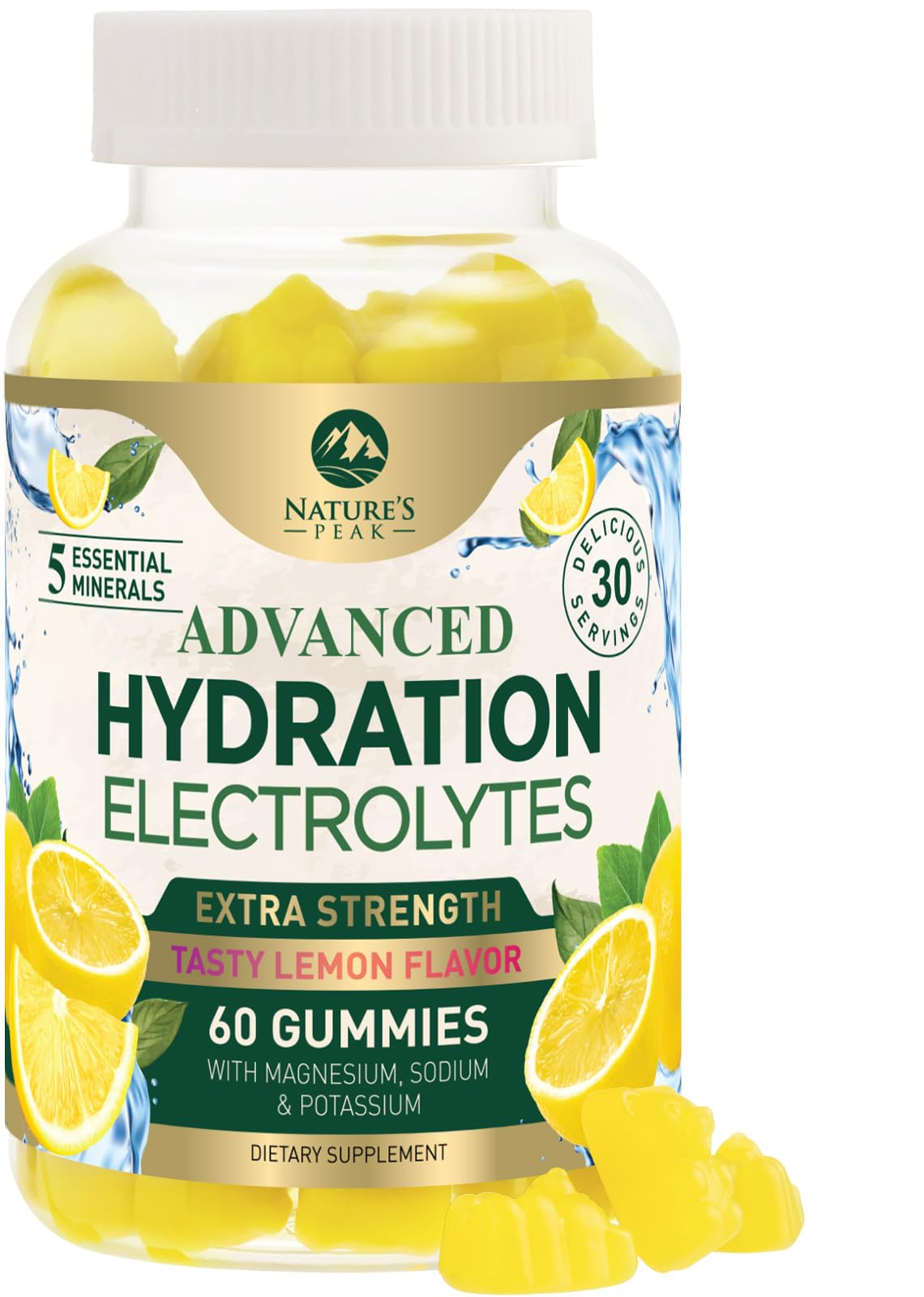 Nature's Peak Hydration Gummies packaging shows lemon flavor and clean label for daily use