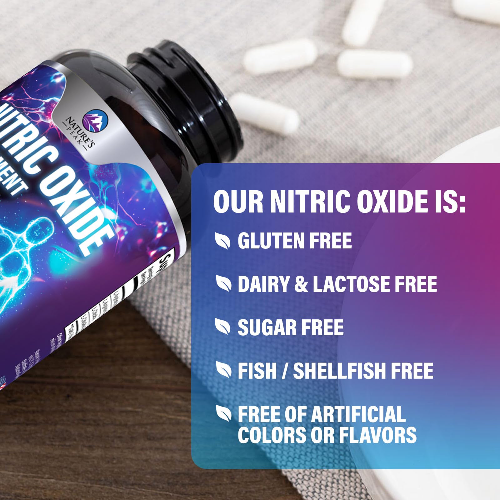 Nature's Peak Nitric Oxide Booster AKG blend illustrated for advanced vascular support.