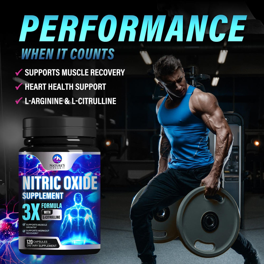 Nature's Peak Nitric Oxide Booster capsules being poured hint at easy daily dosing and routine.