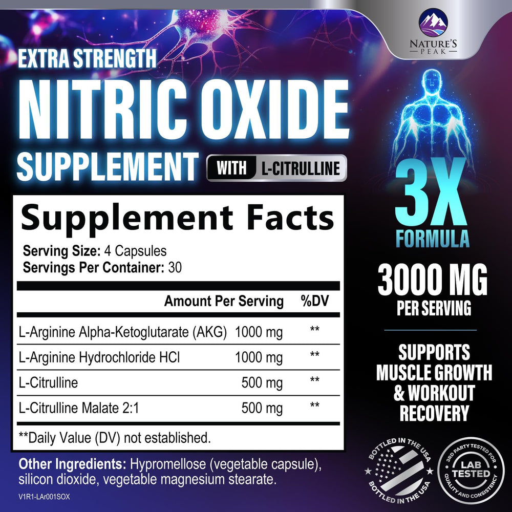 Nature's Peak Nitric Oxide Booster label close-up emphasizes clean ingredients for workout support.