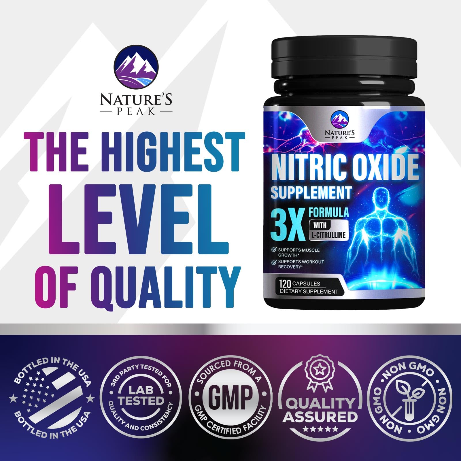 Nature's Peak Nitric Oxide Booster packaging communicates potency and trust.