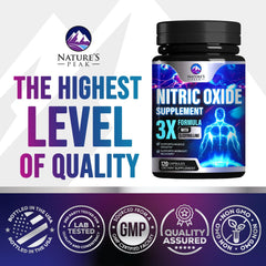 Nature's Peak Nitric Oxide Booster packaging communicates potency and trust.