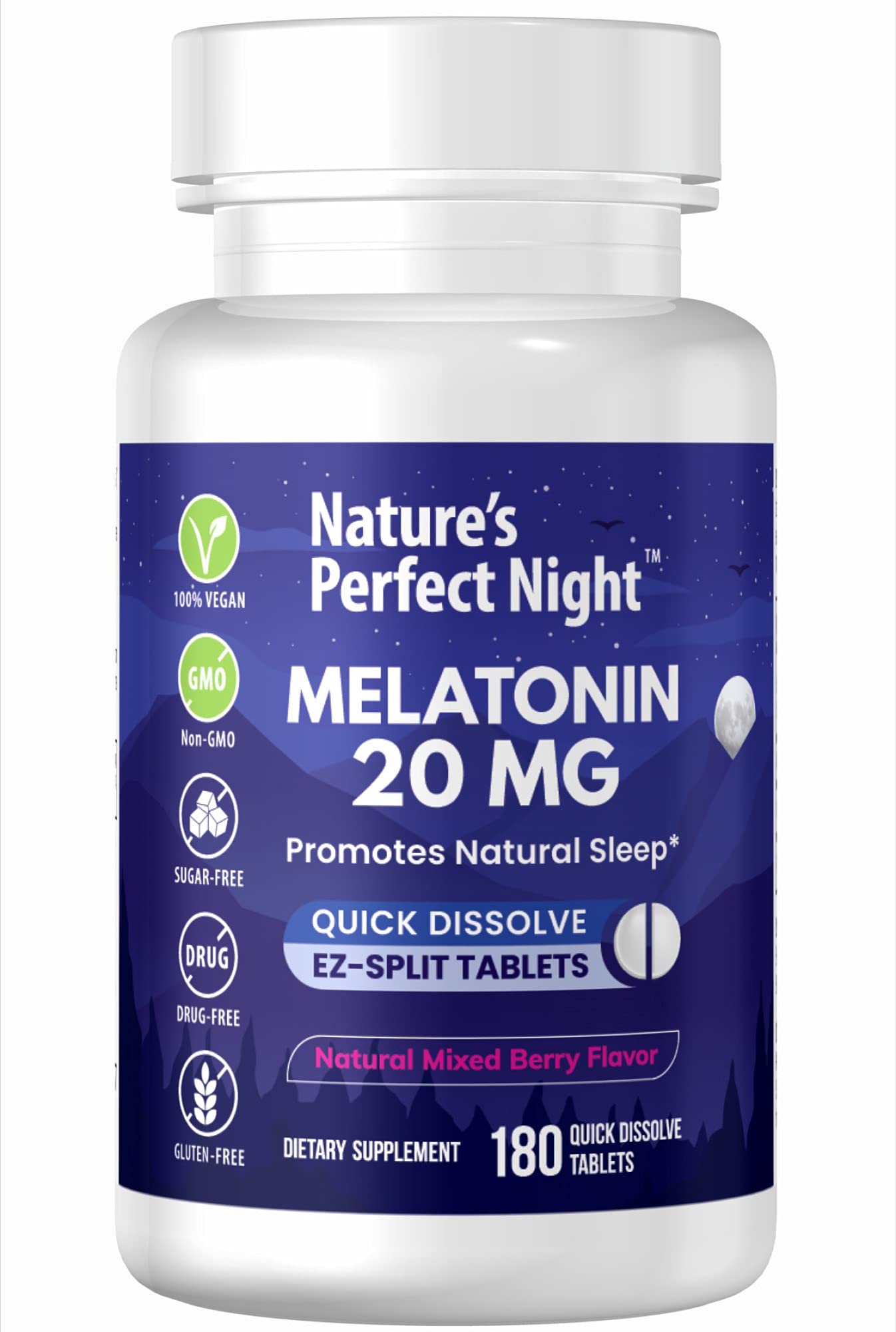Nature's Perfect Night Melatonin 20mg – Berry flavor – 180 quick-dissolve tablets