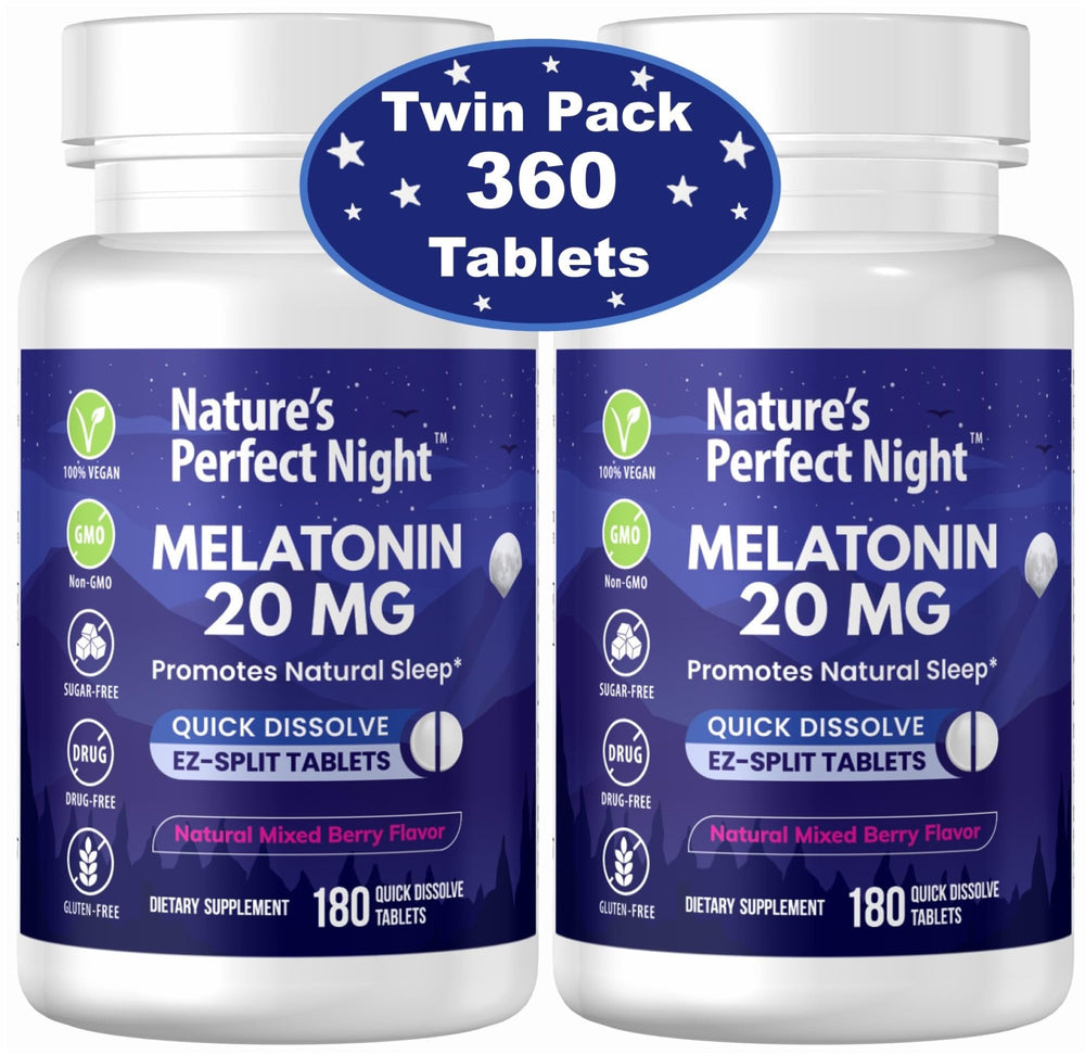 Nature's Perfect Night Melatonin 20mg two-pack bottle with berry flavor label