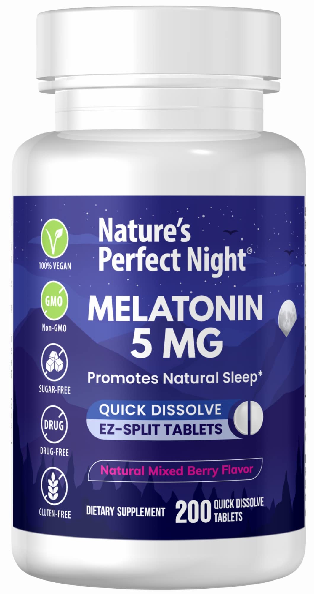 Nature's Perfect Night Melatonin 5mg tablets in mixed berry flavor