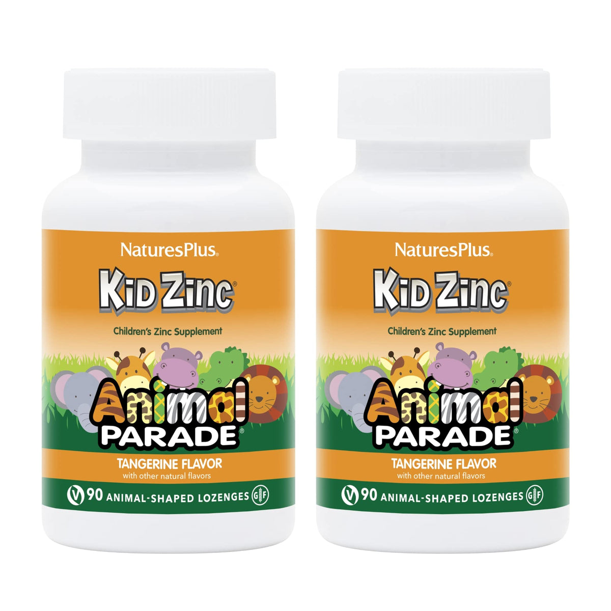 Front view of Natures Plus Animal Parade KidZinc Tangerine bottle