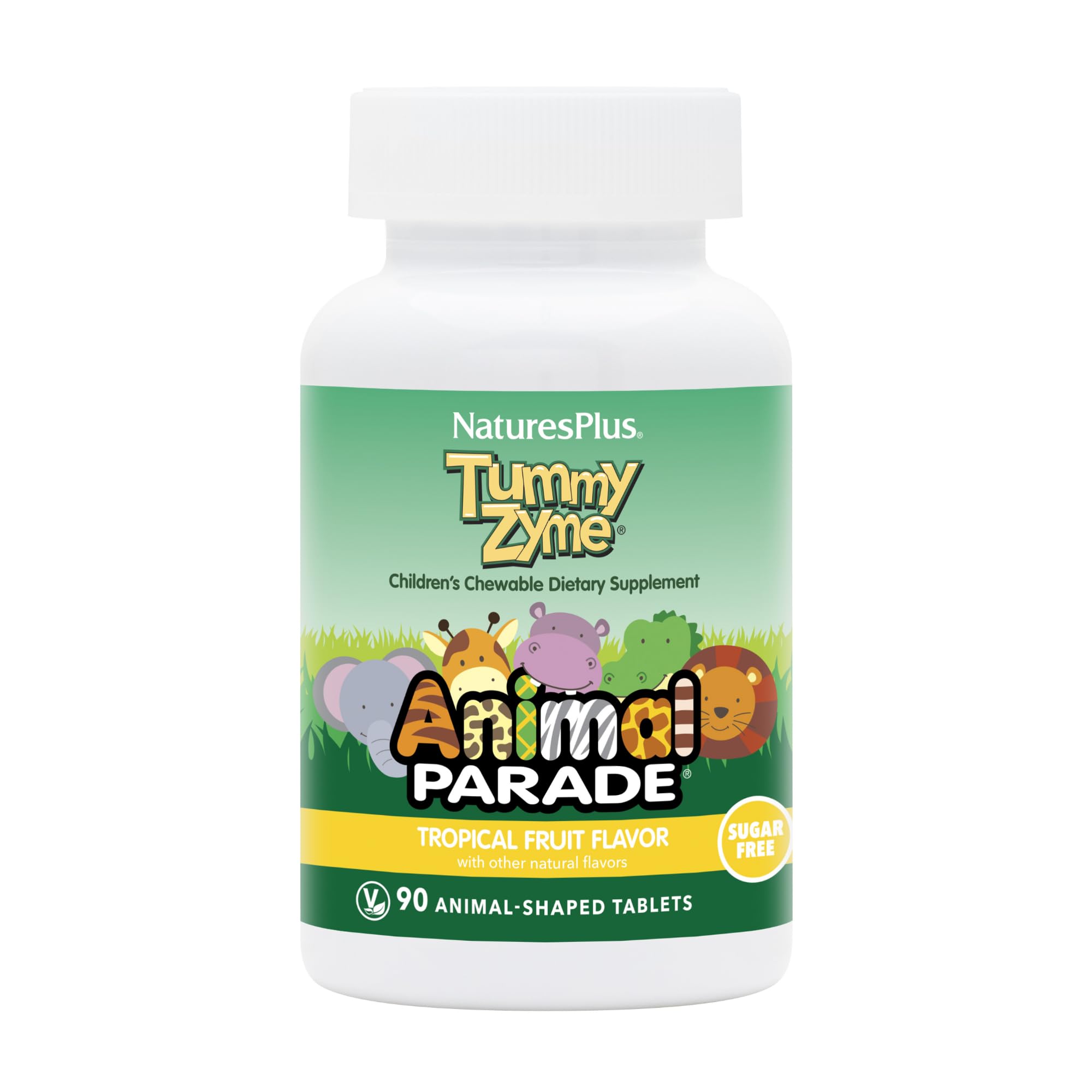 Natures Plus Animal Parade Tummy Zyme packaging featuring 90 animal-shaped tablets