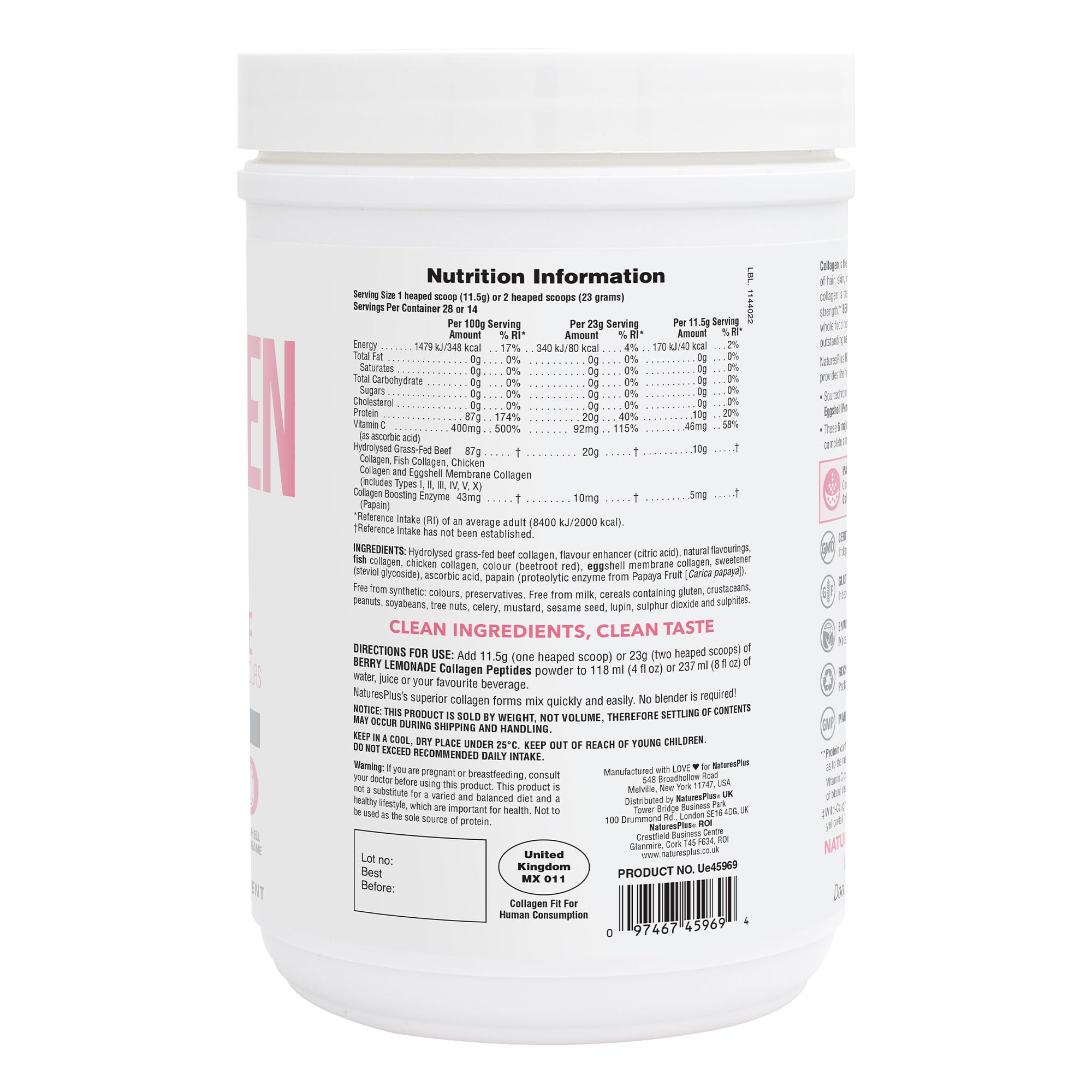 Back panel showing supplement facts for Natures Plus Collagen Peptides Berry Lemonade