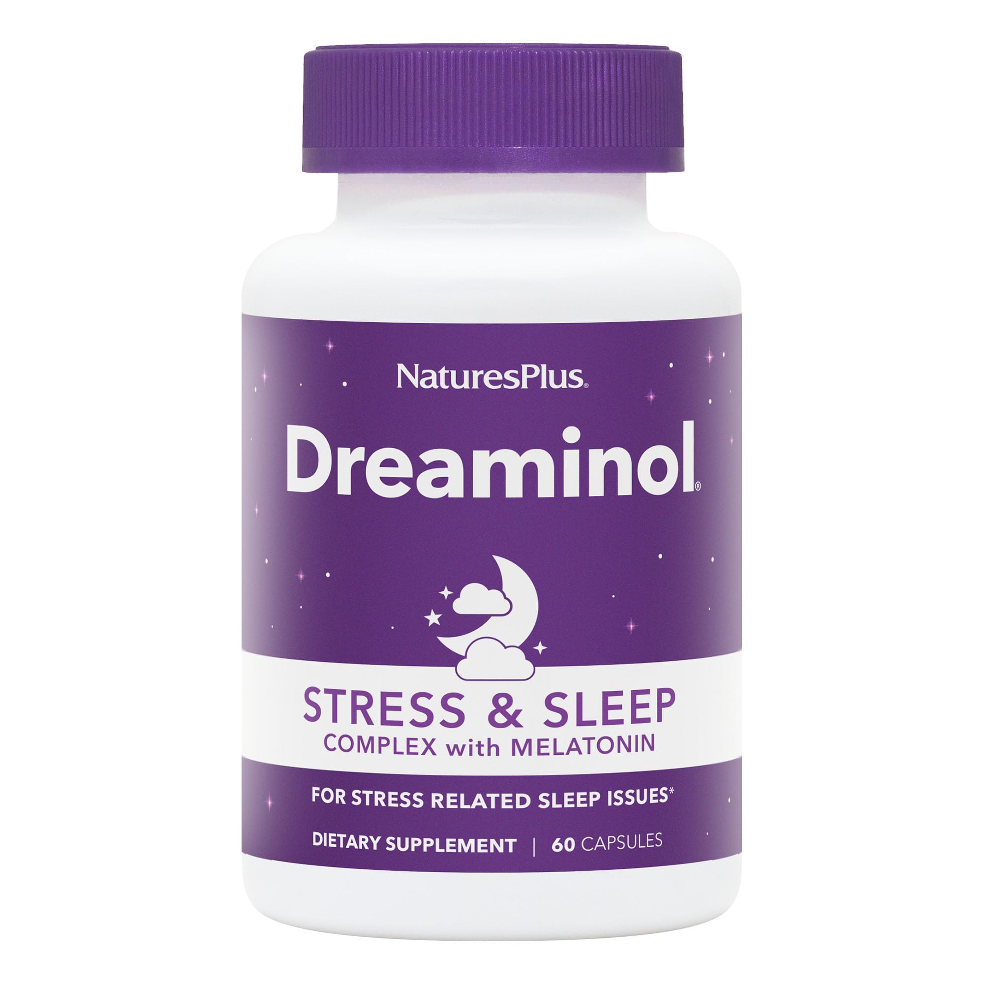Bottle of Natures Plus DREAMINOL Stress & Sleep Complex with Melatonin