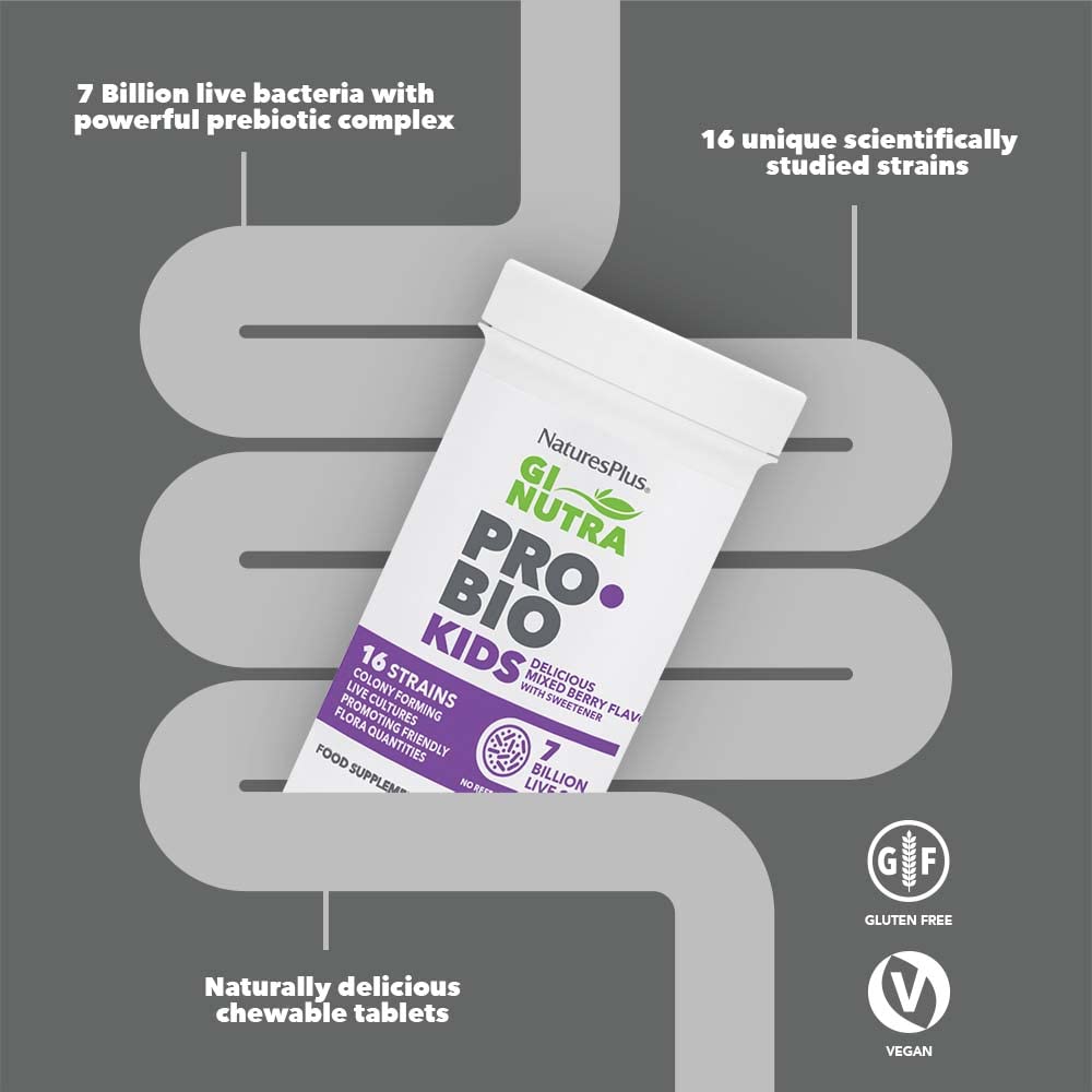 Graphic shows 16 probiotic strains included in the formula