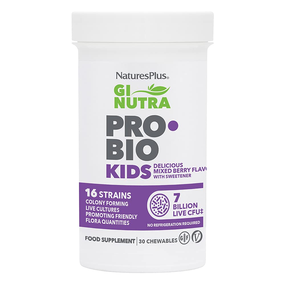 Front view of Natures Plus GI Natural Probiotic Kids Mixed Berry bottle