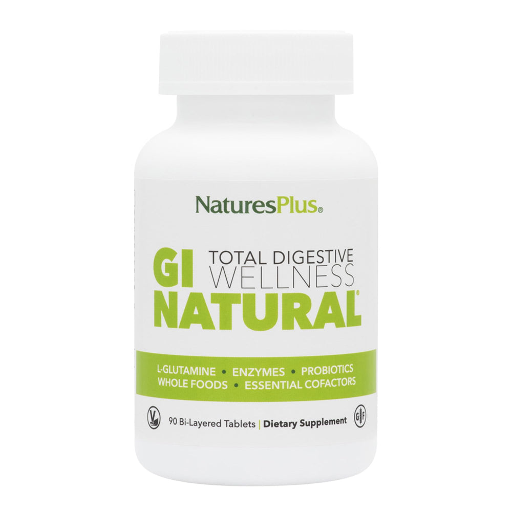 Bottle of Natures Plus GI Natural Total Digestive Wellness 3-pack with 90 bi-layered tablets