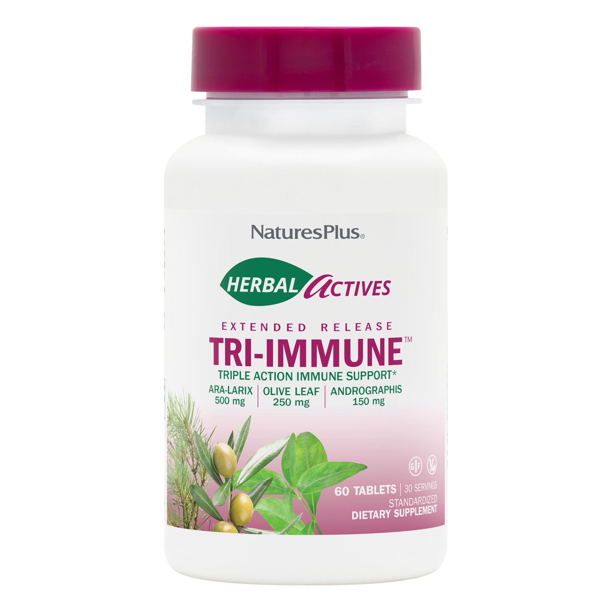 Natures Plus Herbal Actives Tri Immune bottle with olive leaf, arabinogalactans and Andrographis