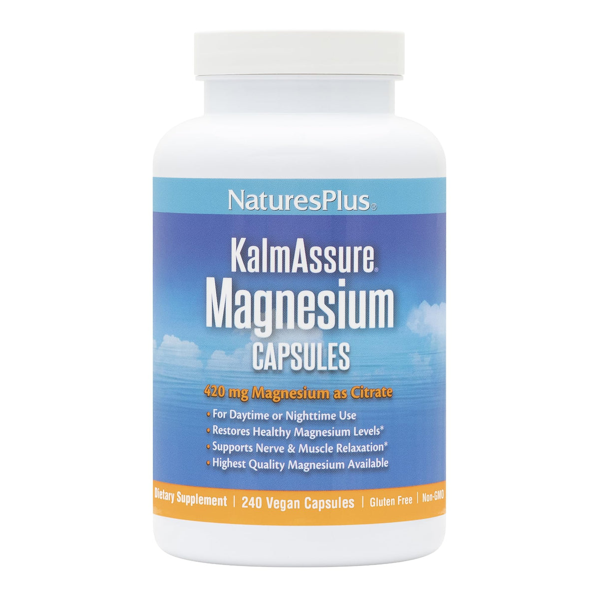 Bottle of Natures Plus KalmAssure Magnesium 240 vegan capsules