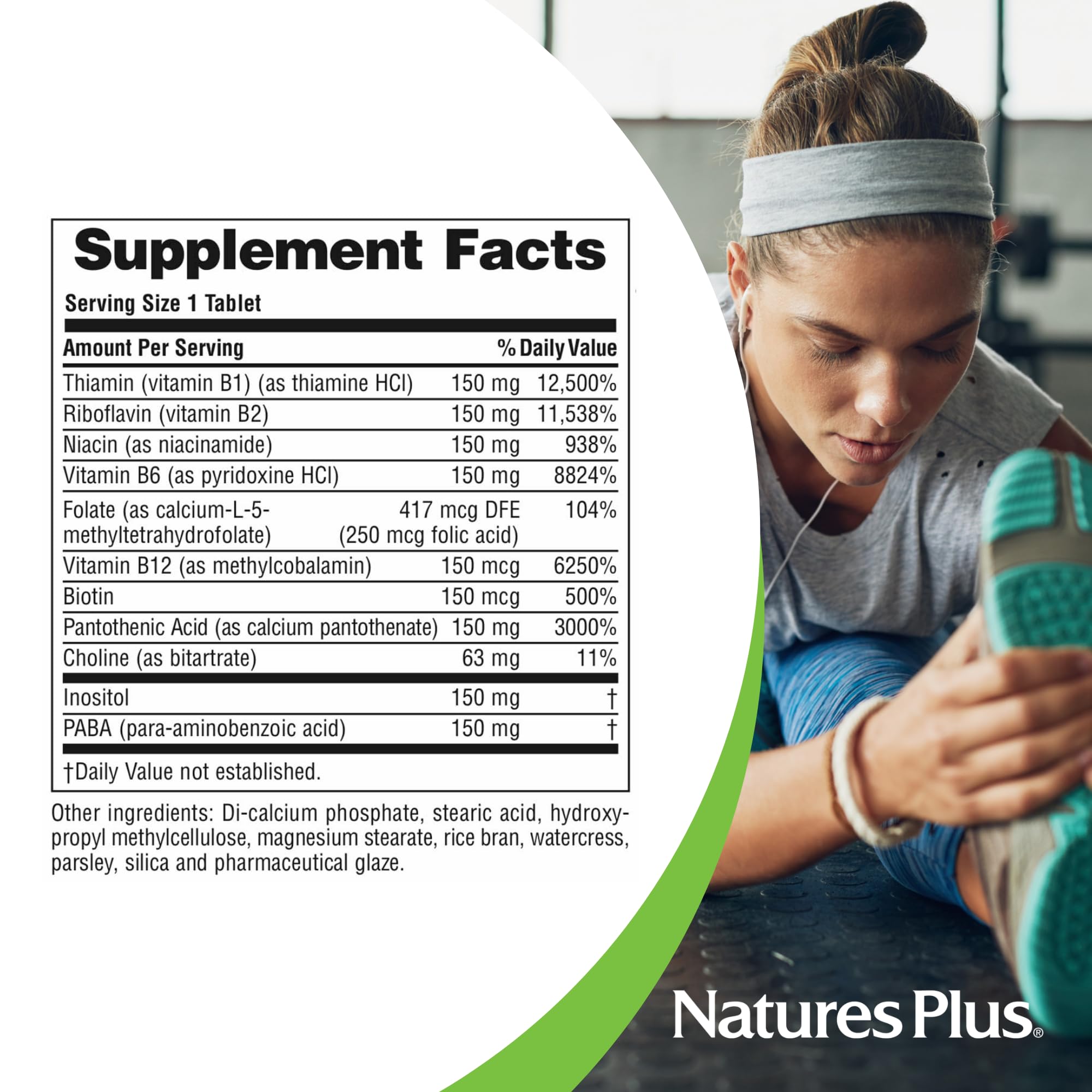 Nutrition facts panel of Natures Plus Mega B-150 Complex