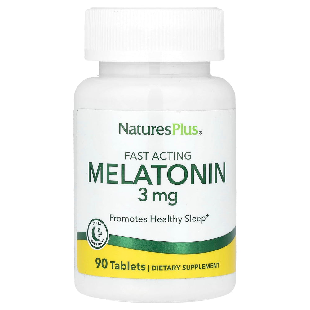 Nature's Plus Melatonin 3 mg bottle and 90 fast-acting tablets